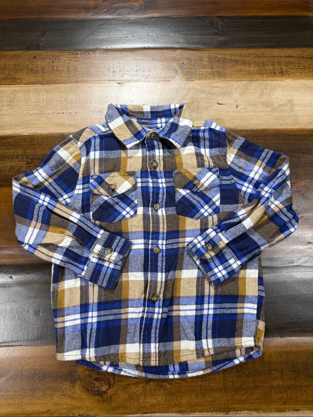 Blue and Brown Plaid Button-Up Kids Shirt